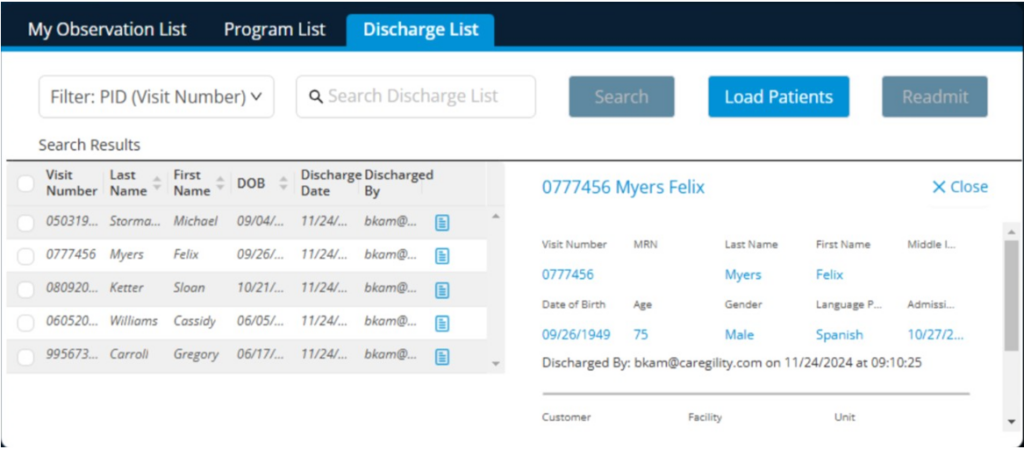 Caregility Cloud - Discharge List